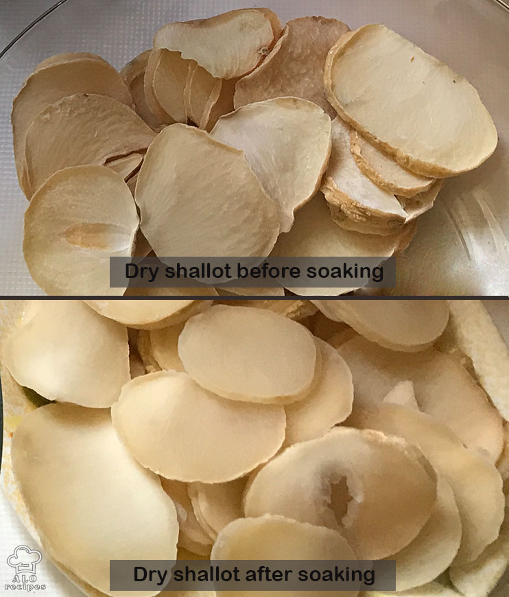 Dry shallots, before and after soaking